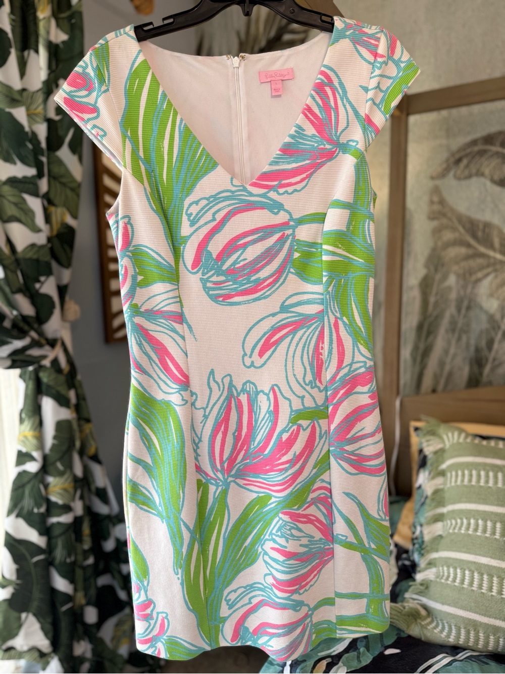 Lilly Pulitzer Pink, Green & Aqua Floral V-Neck Shift Dress